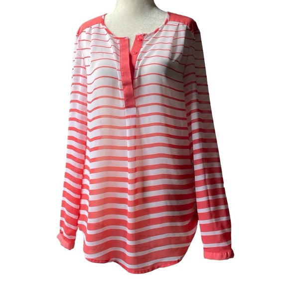 NY Collection Long Sleeve Blouse Size Small Orange White Sheer Buttons Snap - Picture 1 of 11